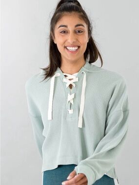 Cream Yoga Waffle Knit Lace-Up Pullover Hoodie - Sage, Small